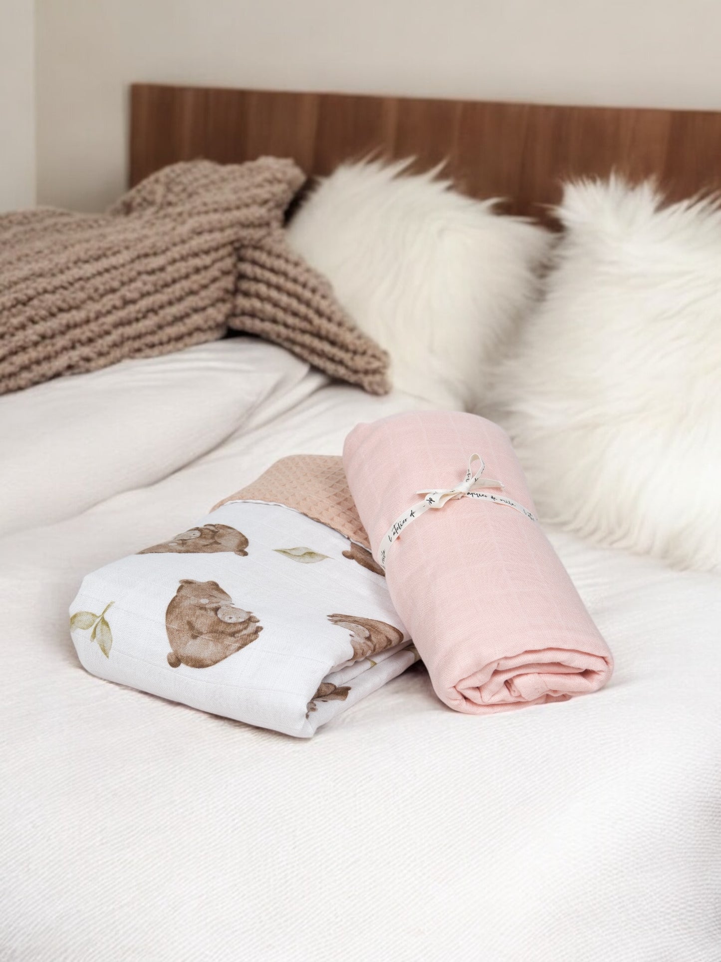 Duo Muslin soft pink + Bear waffle 